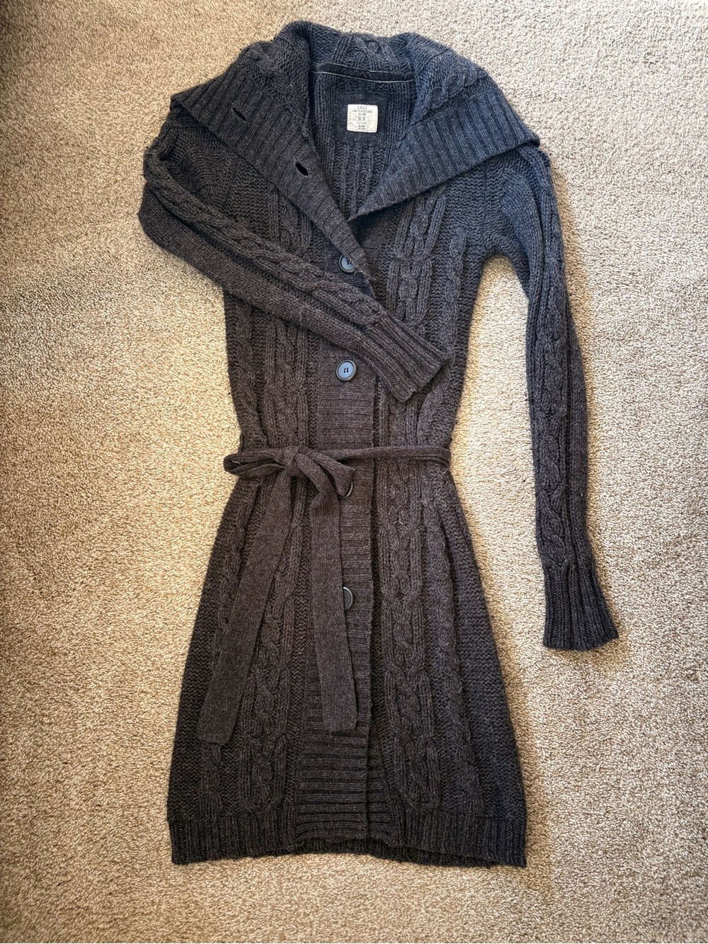 Dark Gray Cable-Knit Shawl-Collar Belted Cardigan by H&M